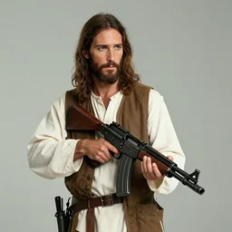 jesus christ with a tommy gun, movie still, 4 k, studio lighting