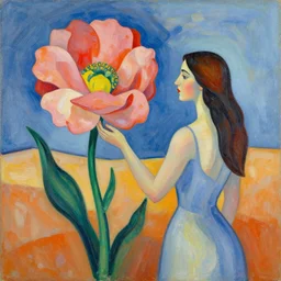 woman woman beholds magnificent flower blooming in the desert, abstract art in the style of cubism and georgia o keefe