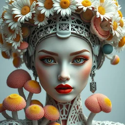 beautiful porcelain ivory fair skin woman, red plump lips, round well - defined dark hazel eyes, biomechanical cyborg, elegant haute couture, iris van herpin, laser cut paper, headdress with daisies, colorful puffballs, mushrooms, rhizomorphs, brackets, fractal sponge corals, hyper detailed, ultra sharp, soft light, giger, 8 k, uhd