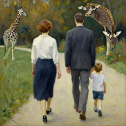 rear view of a woman, a man and a young boy, walking in a zoo, oil painting by norman rockwell