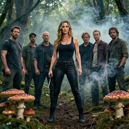 muscled Jennifer Connelly, mushroom forest, puffs of smoke, Donato Giancola, Mark Brooks, Ralph Horsley, Charlie Bowater, Artgerm, Christopher Balaskas, Bastien Lecouffe-Deharme
