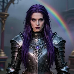by tom bagshaw, photorealistic portrait of a curiosities carnival, single beautiful in a full gothic armor, multiple dyed colors purple black lustrous thin haircut, marvel, symmetry accurate features, focus, rainbow lighting, very intricate details, award winning masterpiece, ultra deep fog background