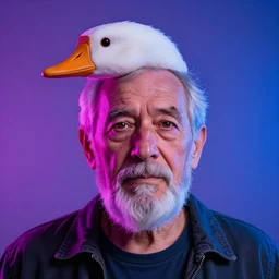 portrait 4k of an old man with goose head in neon light
