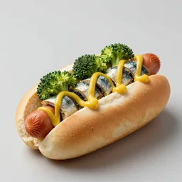 photo shoot portrait of a delicious hot dog with whole sardines, broccoli, ketchu and mustard, detailed, uhd, 8k, n-8