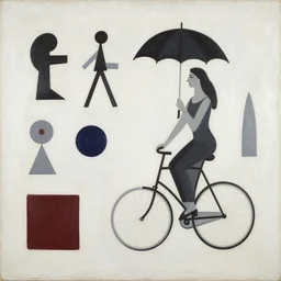 an acryllic painting dubrovnik, on a pale background, muted palette mostly white, black, gray, dark red, dark blue, strange characters and interesting shapes, woman with parasol, figure on penny farthing, minimalistic, mixed media, in the styles of both joan miro and mark rothko