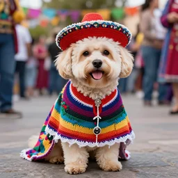 a cream-colored Havanese dog wearing a knitted cinco de mayo poncho and hat at a fiesta in Mexico, Leica 35mm, 4K