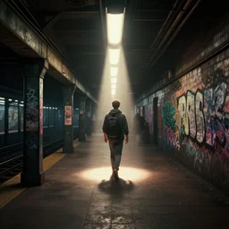 3 d scene of a dimly lit urban american subway station with graffiti, heavenly light, 3 d, very detailed, octane render, trending artstation, artgem, cgisociety