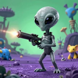 grey alien with large black eyes holding an energy rifle on an alien planet with purple soil, green sky, blue and yellow fauna, alien creatures in the background, 3d render, Unreal Engine, octane render, ray tracing, Unity, highly detailed, high quality, HD, 4k, 8k, realistic, sharp, trending
