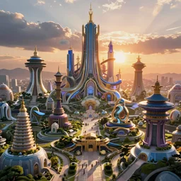 detailed fantasy art on artstation, Utopia, sunrise over the perfect city-state, a city blending high-tech and natural beauty, fusion of Japanese and Greek architecture, vibrant, futuristic and utopian architecture