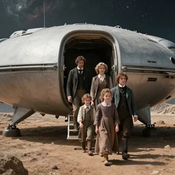 detailed, sharp, still from a sci fi blockbuster movie made in 2022, set in 1860, of a family leaving a spaceship, that has just landed on an alien planet, wearing 1850s era clothes, good lighting, 4k, HD