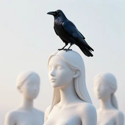 3 d, sci - fi, morning, raven bird sitting on a headless woman in a black dress, sun, cinematic, lightning clouds, vogue cover style, copper and deep teal mood, figurative art, poster art. style by pixar, petros afshar, christopher balaskas, goro fujita, and rolf armstrong.