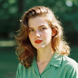 vintage aged analog portrait of a beautiful pale young woman in the 1940s, green tones, red color bleed, sunshine, film grain