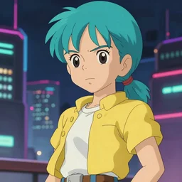 anime fine details portrait of Bulma in front of cyberpunk moder city landscape on the background deep bokeh, close-up view, anime masterpiece by Studio Ghibli. 8k, sharp high quality anime, artstation