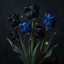 beautiful digital matte painting of whimsical botanical illustration black and blue tulips with fireflies enchanted dark background dark contrast by alena aenami, android jones