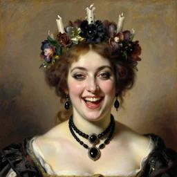 a renaissance oil painting close shot portrait by alma tadema of a woman grinning evilly, obsidian jewellery, a crown made of dark candles and flowers, colourful pastel, detailed academic bouguereau, high shadow, sharp focus