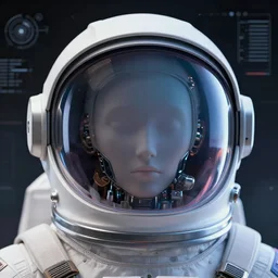 retrofuturistic portrait of a cyborg with in astronaut helmet, smooth transparent visor, reflective gradient, detailed space graphics in background, close up, quint buchholz, wlop, dan mumford, artgerm, liam brazier, peter mohrbacher, raw, featured on artstation, octane render, cinematic, elegant, intricate, 8 k