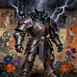 composition of gothic and futuristic, warhammer, cyber japan style armor, battle for blood, more scars, many mechflowers, thunderstorm, black head, some purple orange and blue, the middle ages, highly detailed, artstation, in the style of moebius, jugendstil and classic japanese print, psychedelic, art by rene magritte, jean delville