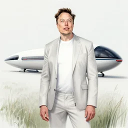 a sketch of Elon Musk with a Hyperloop pod on the background. He is standing in a field.