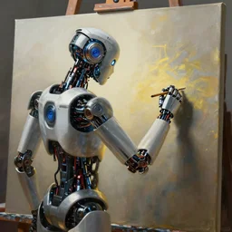 a robot paiting on a canvas, award winning concept art, intricate, 4 k, dramatic lighting, cinematic, digital paiting, trending on artstation