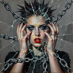 chained in the chains of passion, digital collage, decoupage, assemblage, photomontage, canvas texture, hight contrast, contemporary art, punk art, photorealistic, portrait, expressionism, masterpiece, dynamic composition, spectacular quality, intricate oil details, broken glass