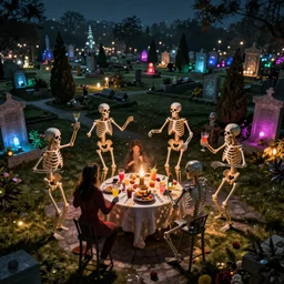 skeletons have a night party at the cemetery, with colorful lights, drinks and food. They are dancing. As photograph. Cinematic. High angle.