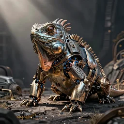 a robot iguana, metallic steampunk robot iguana lizard