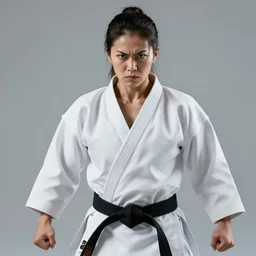 cinematic long shot of a muscled japanese female martial artist, wearing white karate gi with the sleeves torn off, furious expression, battle ready, sharp, smooth, beautiful, energetic, vivid colors, studio lighting, digital art by Greg Hildebrandt and Artgerm and Ross Tran, highly detailed