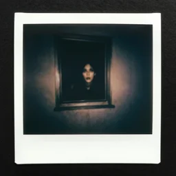 dark room with a face peering through the window, distuburbing, horror, nightmare, terrifying, surreal, nightmare fuel, old polaroid, blurry, expired film, lost footage, found footage,