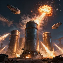 humongous tanks shooting at alien spacecraft at night, explosion in the sky and on the ground, hyperdetailed, artstation, cgsociety, 8 k