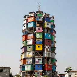 a tower made up of colourful makeshift squatter shacks, dystopia, sony a 7 r 3, f 1 1, fully frontal view, photographed by jeanette hagglund