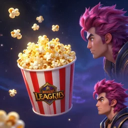 league of legends concept art of popcorn bucket in the cosmos with popcorn flying in weightlessnessart by charles liu, don bluth, tanidareal, styled hair, profile picture, fantasy style, perfect angle, soft lighting, vibrant color scheme, ultra detailed, volumetric lighting, commission art, 8 k wallpaper