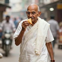 a portrait of gandhi eating samosa whilst walking, highly detailed, trending on artstation, bokeh, 9 0 mm, f / 1. 4