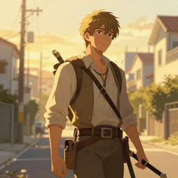 the chosen hero at the end of his quest, detailed, beautiful, golden hour, tokyo suburbs, digital art, artstation