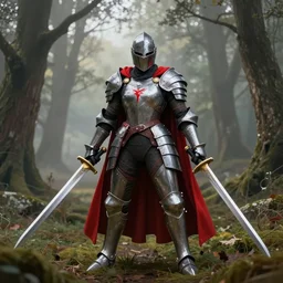 helmeted big muscular female warrior with a long red cape wielding two swords wearing full body knight!! armor, forest plains of yorkshire, misty forest, elden ring, dark souls, good value control, digital painting, sharp focus, rule of thirds, 4k, kamen rider armor, rubber suit, centered, magic hour photography, atmospheric, moody vibrant colors