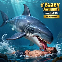 megalodon eating a person. hyper realistic. digital art. artstation. cyberpunk. award winner.