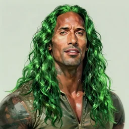 portrait of dwayne johnson, long curly green hair, expressive pose, futuristic, highly detailed, digital painting, artstation, concept art, smooth, sharp focus