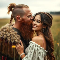 red bearded viking kissing beautiful brunette female in a field,