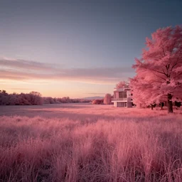 landscape by le corbusier, meadow uv light infrared sunset at dawn synthwave reclaimed by nature, archdaily, wallpaper, highly detailed, trending on artstation.