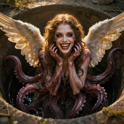 a sewer pit woman indescribable horror monster with tentacles transformed into a beautiful angel, seducing eyes, big smile, fangs and slime, volumetric lighting, beautiful, golden hour, sharp focus, ultra detailed, noir photorealism, film