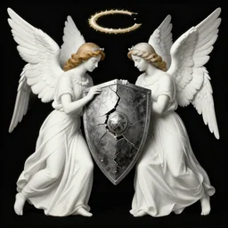 vision of angels with a broken shield, trying to fix it by m. c. escher and marc davis, style of coraline