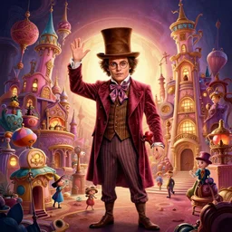 whimsical pixar Johnny Depp  in wonderland Willy Wonka's Chocolate Factory, Illustration, Colorful, insanely detailed and intricate, super detailed, by Lulu Chen, moebius, craig mullins