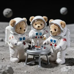 a high quality photograph of teddy bears wearing space suits, working on new ai research on the moon in the 1 9 9 0 s. detailed and clean