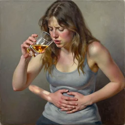 lauren's stomach hurts after drinking too much alcohol, oil on canvas, intricate, portrait, 8 k highly professionally detailed, hdr, cgsociety
