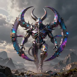 biomechanical baphomet sigil merged with mainframe circuitry, multicolored digital art