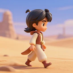 profile view of young aladdin as nendoroid walking in a desert, disney, pixar, 8 k, hd, dof, kodak film, volumetric lighting, subsurface scattering, photorealistic, octane render, details