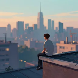 Tracer, sitting on the edge of a roof, skyline background digital art by Ilya Kuvshinov