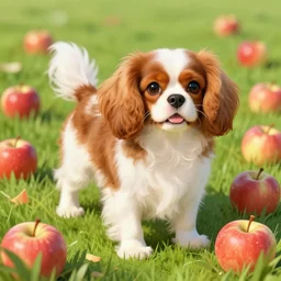 fluffy cavalier king charles spaniel, surrounded by apples, apple grass, digital art