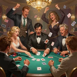 guys yelling, cards flying during a poker match. brawl, fight, angry, fliping table intricate, elegant, highly detailed, digital painting, artstation, concept art, sharp focus, illustration, by justin gerard and artgerm, 8 k