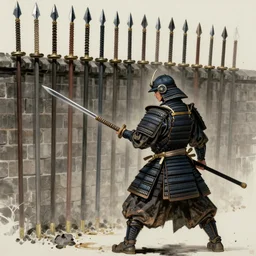 one samurai against a wall of pikes. intricate, elegant, highly detailed, digital painting, artstation, concept art, sharp focus, illustration, by justin gerard and artgerm, 8 k