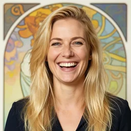 portrait of a blonde, happy, laughing, beautiful, danish scrum master. she is looking a you with loving, calm eyes. the background is colorful and inspired by alphonse mucha
